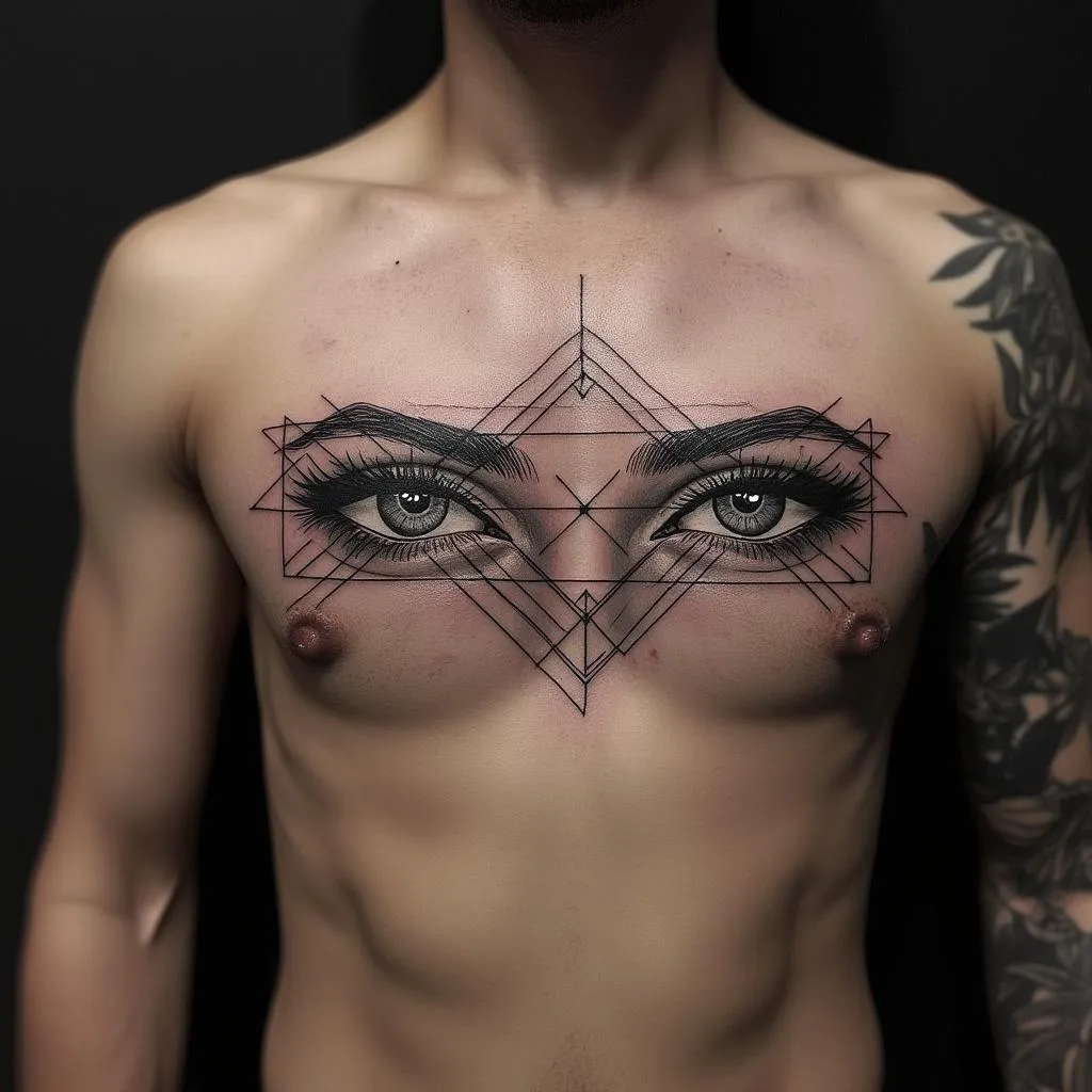 A geometric style tattoo design for a male with a medium-light skin tone, featuring a pair of eyes. The tattoo should elegantly occupy a space on one side of the chest, extending to the arm, creating a stunning continuity. The desired size is small yet sophisticated and visually impactful.
