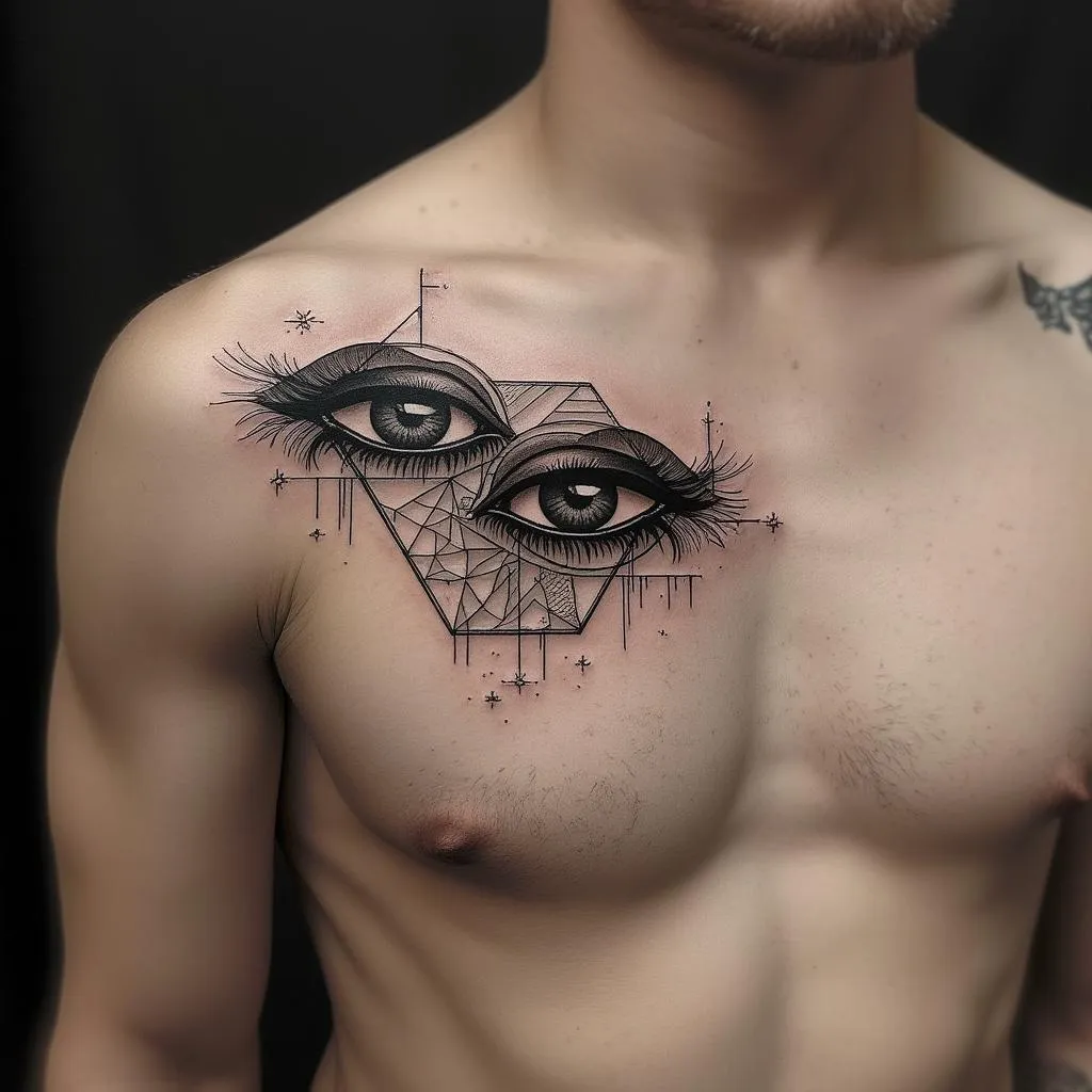 A geometric style tattoo design for a male with a medium-light skin tone, featuring a pair of eyes. The tattoo should elegantly occupy a space on one side of the chest, extending to the arm, creating a stunning continuity. The desired size is small yet sophisticated and visually impactful.
