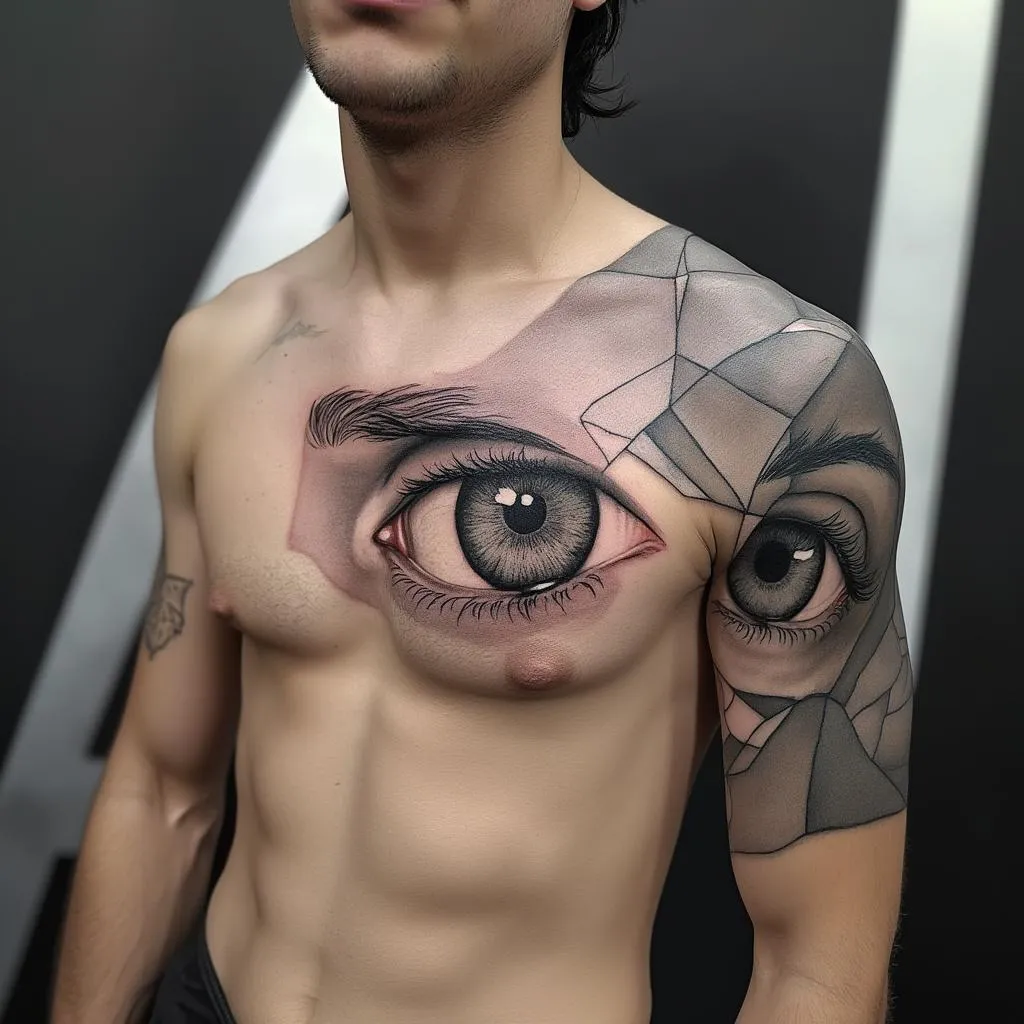 A geometric style tattoo design for a male with a medium-light skin tone, featuring a pair of eyes. The tattoo should elegantly occupy a space on one side of the chest, extending to the arm, creating a stunning continuity. The desired size is small yet sophisticated and visually impactful.
