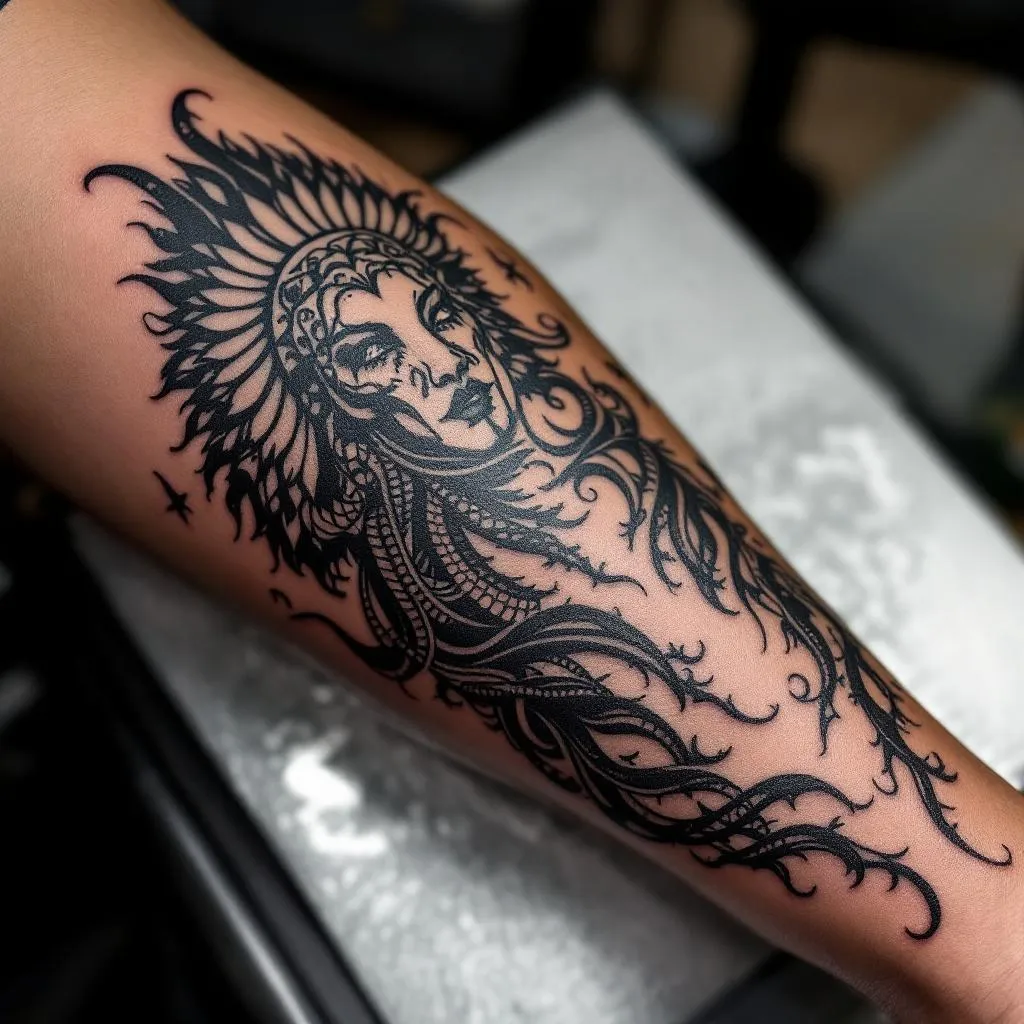 Generate a striking tattoo design inspired by Verse Tattoo Academy. This tattoo will be suited for a medium skin tone on a male body. It should represent the signature style of the Academy and ideally be placed on the forearm area.