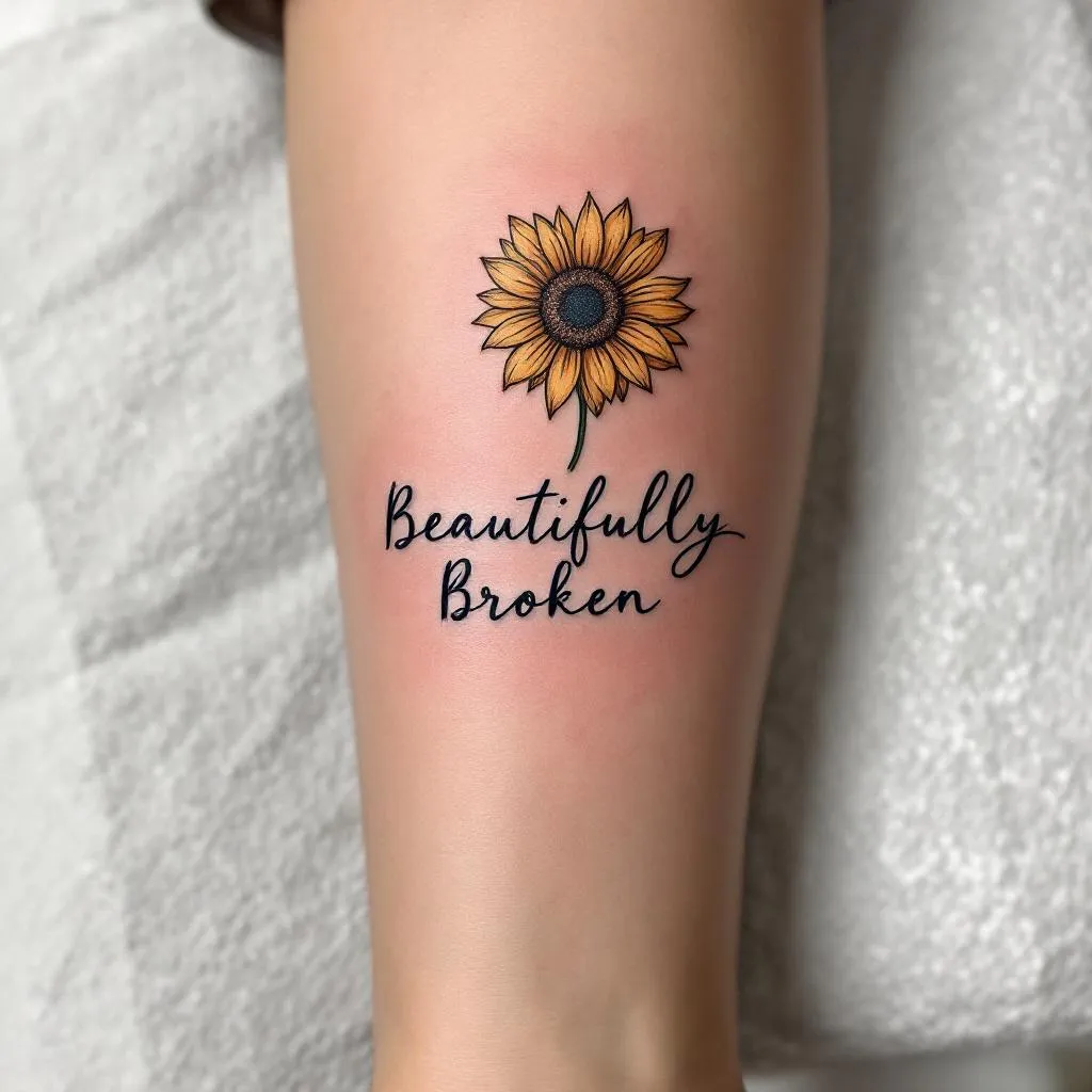 small and simple sunflower woth the words "Beautifully Broken"
