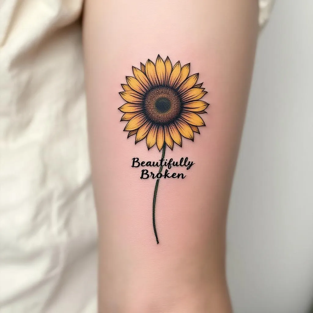 small and simple sunflower woth the words "Beautifully Broken"
