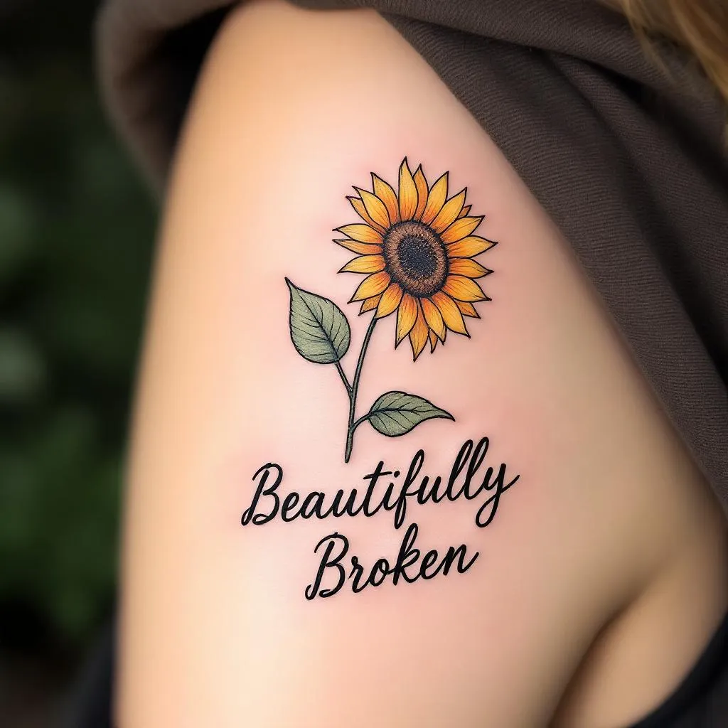 small and simple sunflower woth the words "Beautifully Broken"
