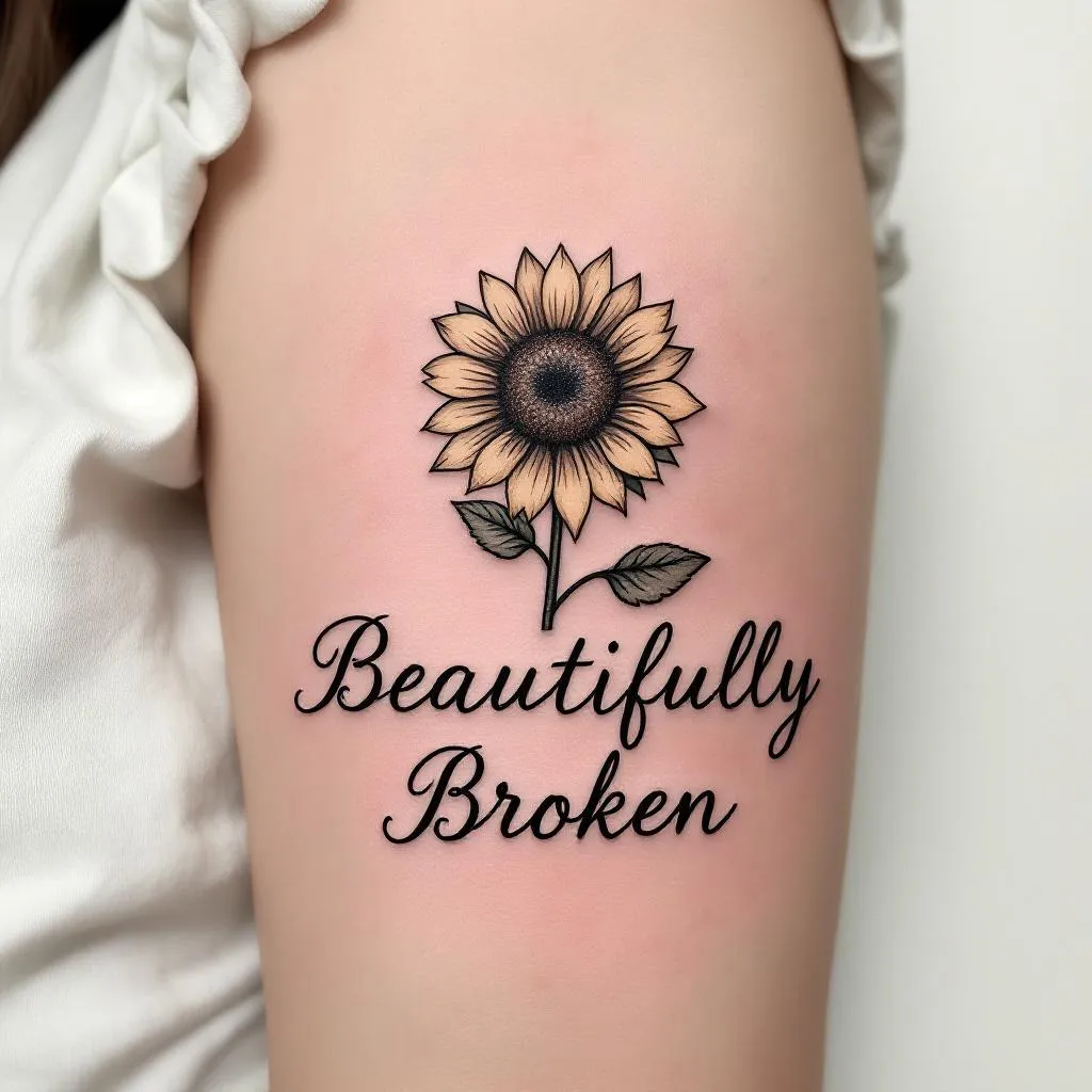 small and simple sunflower woth the words "Beautifully Broken"
