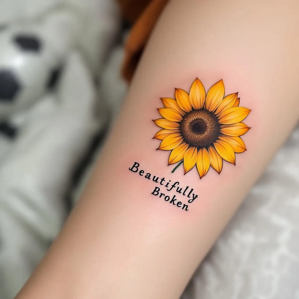 small and simple sunflower woth the words "Beautifully Broken"
