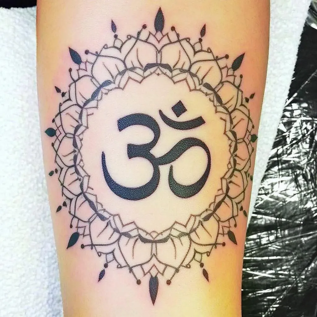 tengo ya un tatuaje de om en el brazo, quiero complementarlo con una estetica dle tipo, tenia pensado un aura alrededor o un tipo de ornamentos tipo mandala que te enviaré ahora para que mas o menos veas el concepto, no quiero un diseño enorme ya que no me quiero tatuar mucho pero lo quiero complementar con una estetica del tipo, te pasare 2 fotos para que veas el tipo de ornamentos o estetia que quiero alrededor, como si del om emanaran el aura y la estetica esta asi ornamental tipo mandala pero sin ser muy grande, incluso un poco tirando para el codo si se puede, a ver que me puedes generar con todo esto. Veras que las imagenes no tienen que ver con mi tattoo, pero es para que tengas la estetica que quiero en mente