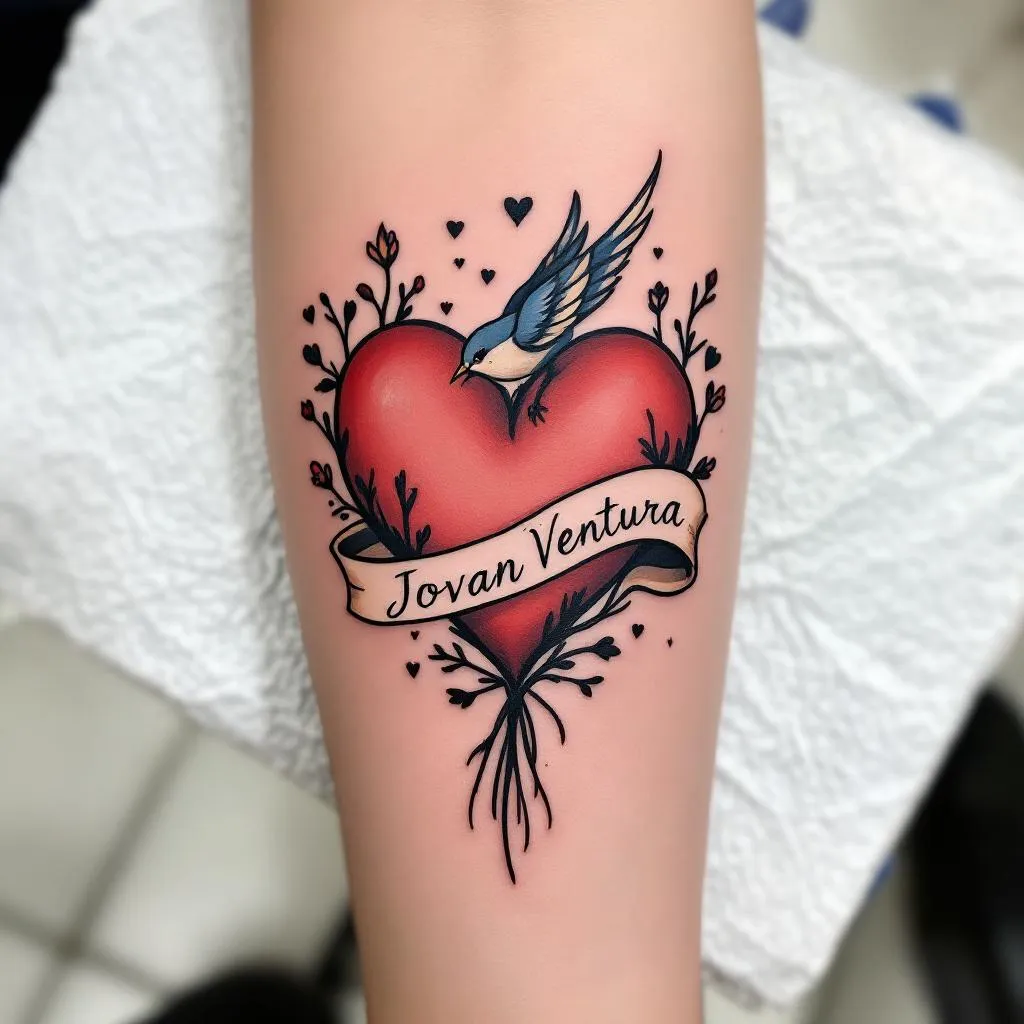 Simple Heart with and bird banner saying Jovani Ventura that fit for a tattoo for a child 