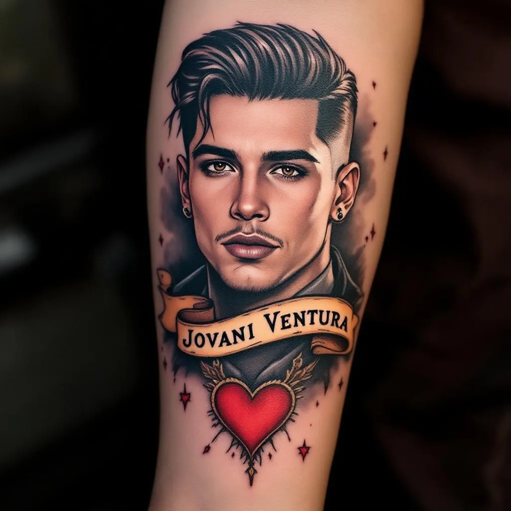 Tattoo for my son, banner with Jovani Ventura including a heart 