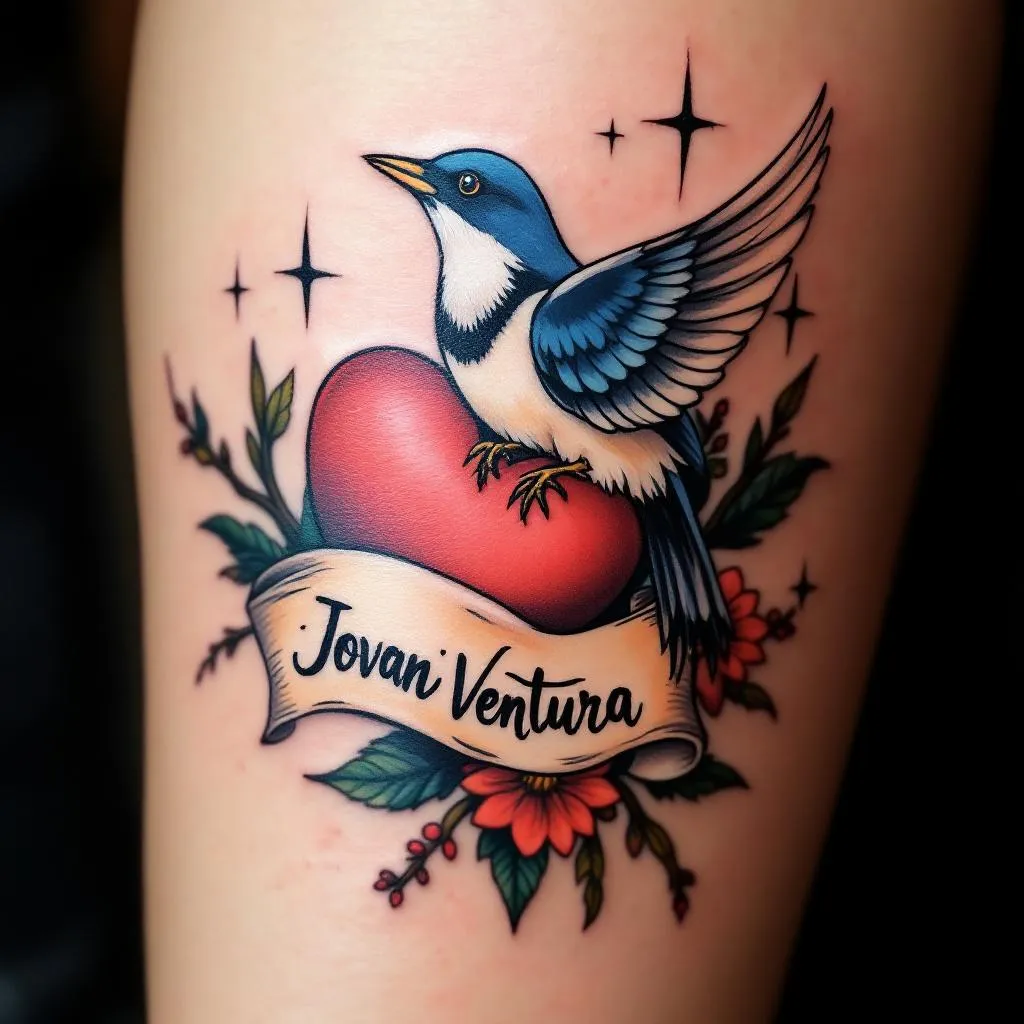 Jovani Ventura on banner including a heart and sparrow  