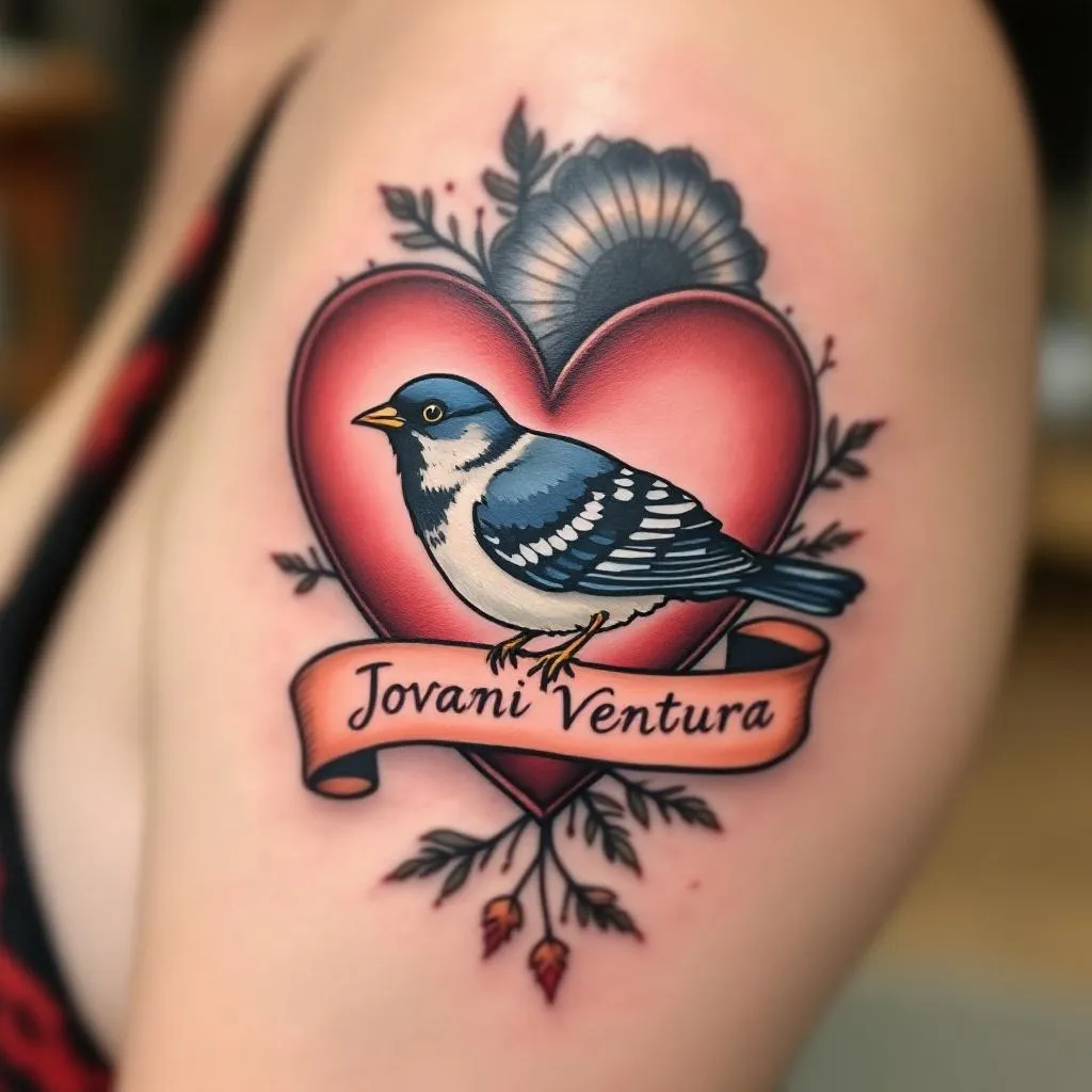 Simple heart with Jovani Ventura on banner include a sparrow