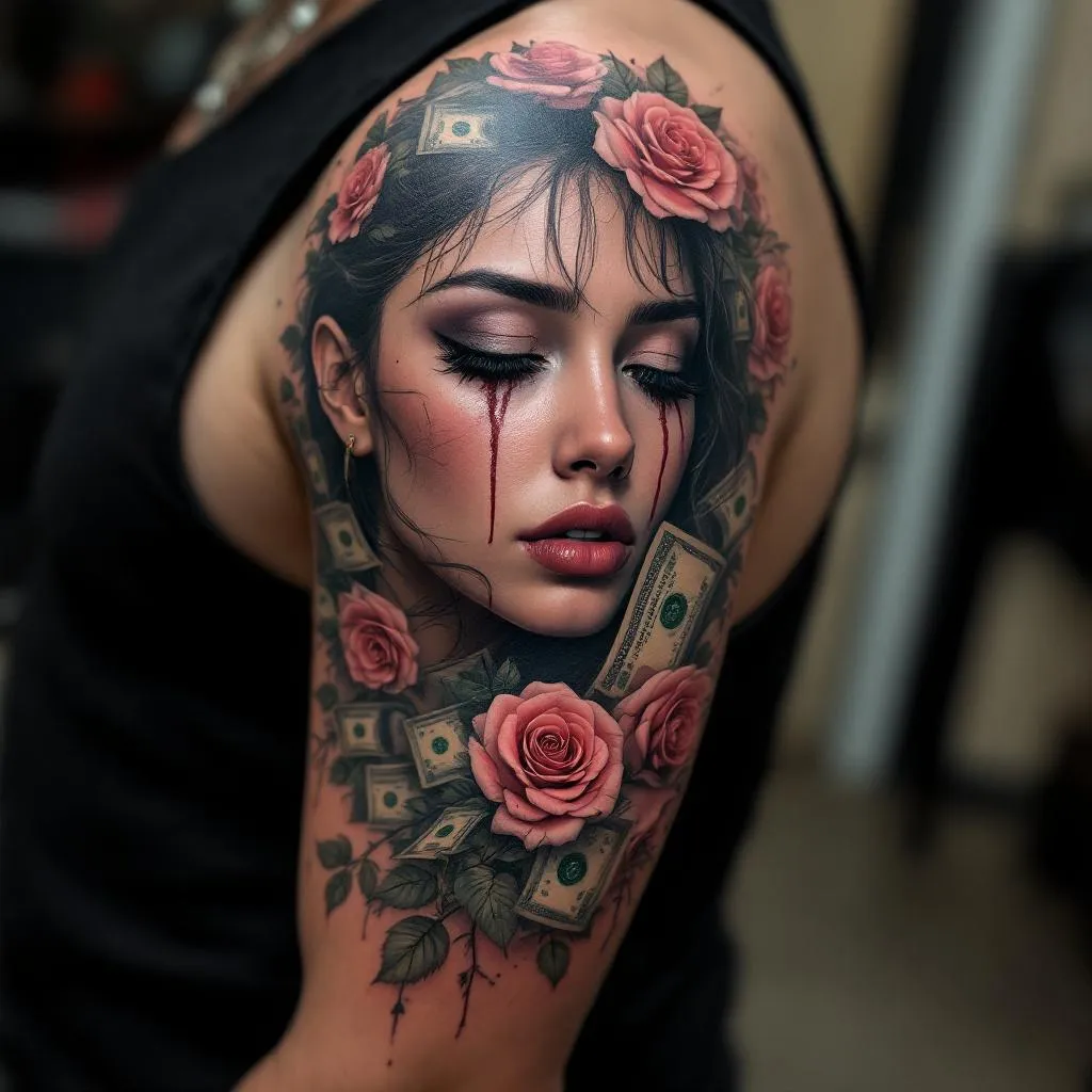 i want something like a full sleeve with a girl crying u know like a girl with his eyes crying some roses but with dollars and then something related to cibercrime, criminal fraud add some letters saying I love to see u crying somethiung like that risk taker hustler type tattoo