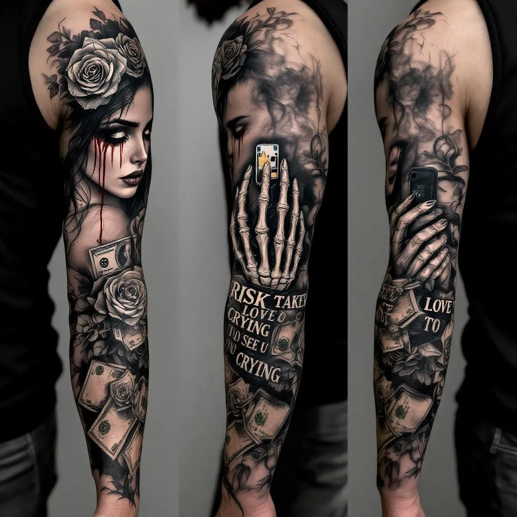 Full arm tattoo sleeve, black and grey realism style with a dark, gangster hustler aesthetic. The design features a weeping femme fatale portrait with blood tears at the top, transitioning into roses constructed from hundred-dollar bills. Below that, a realistic skeletal hand grips a tiny SIM card. The phrase "RISK TAKER" is prominently placed in bold Chicano typography on the bicep. The phrase "I LOVE TO SEE U CRYING" is in script near the cuff. The background is heavy with deep shadow work, smoke patterns, and dark textures, ensuring the entire arm is covered in ink. Cinematic lighting, high detail texture.