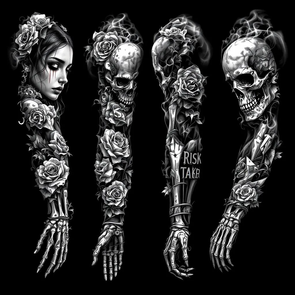 A complete, hyper-realistic full sleeve tattoo design in black and grey ink. The style is gritty, dark hustler luxury.

Upper Arm/Shoulder: A highly detailed portrait of a beautiful girl with intense, sad eyes crying thick, realistic tears of blood. Below her, large, ornate gothic lettering that reads "RISK TAKER".

Mid-Arm/Elbow: Several intricate roses folded entirely out of crumpled $100 dollar bills, showing high detail on the currency texture.

Forearm: A realistic human skeletal hand delicately holding up a small mobile SIM card between its bony fingers.

Wrist area: Elaborate script lettering wrapping around the wrist that says "I LOVE TO SEE U CRYING".

Overall Composition: The entire sleeve is seamlessly filled with deep charcoal shading, swirling smoke, and baroque filigree to connect all elements with no empty skin space. High contrast, masterful shading, tattoo flash photograph style, 8k resolution.