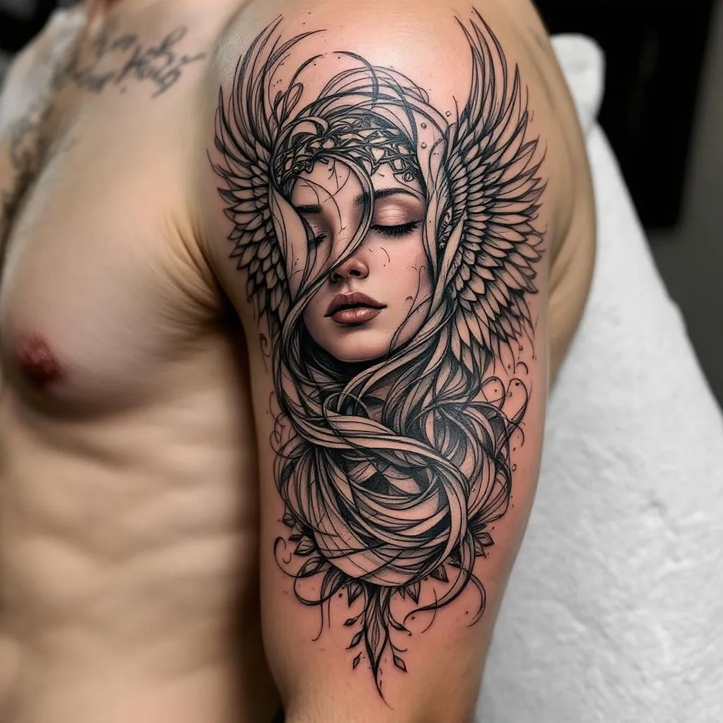 Flowing lines and patterns around the angel tattoo that I already have going up around the bicep