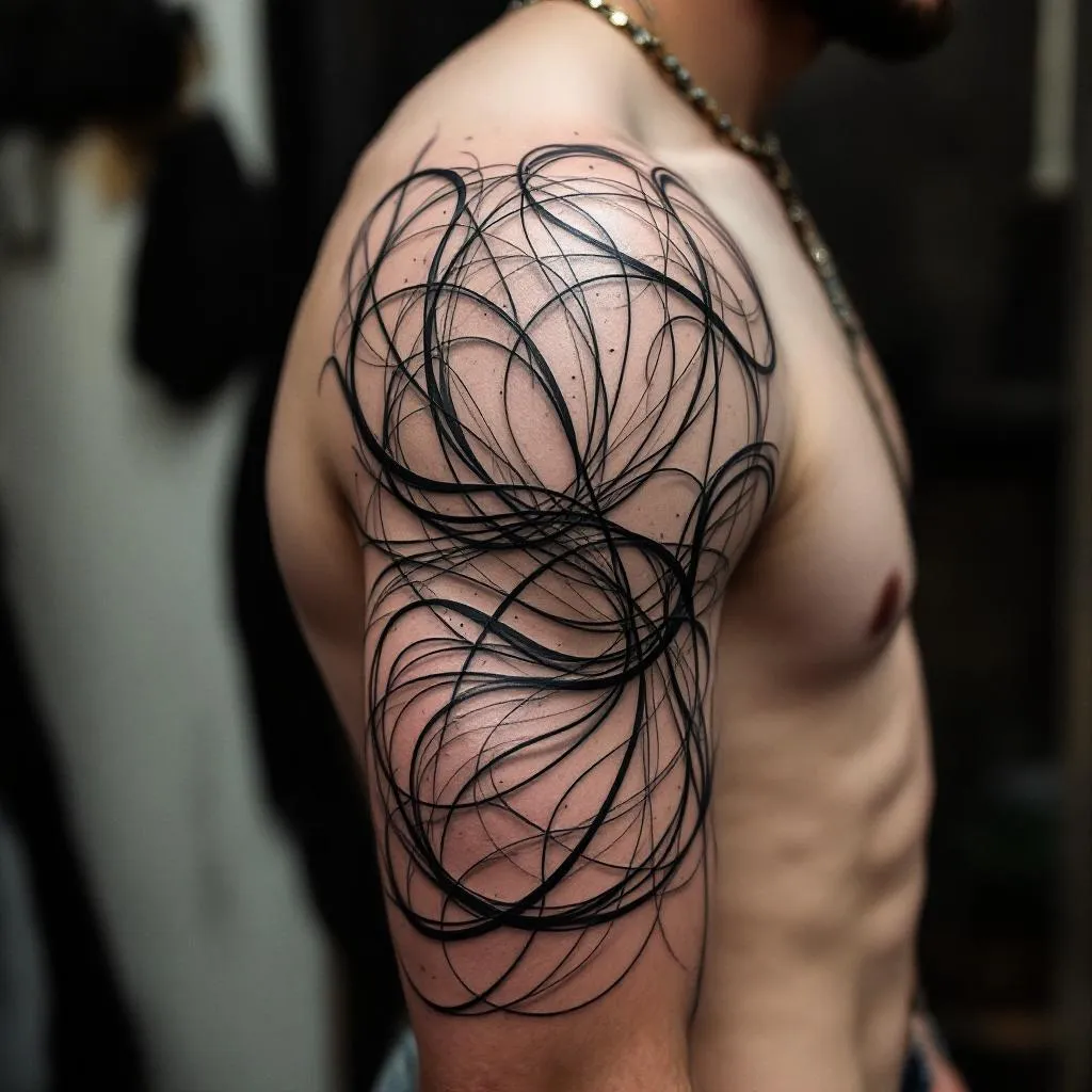 Design a realistic tattoo for a male with medium-light skin, featuring a complex pattern of elegant and flowing lines that intriguingly wind their way up one arm.