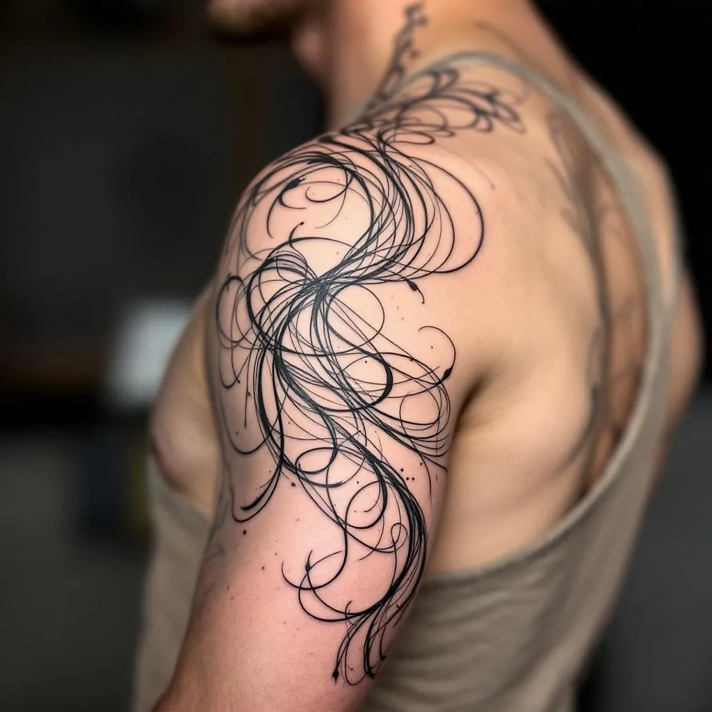 Design a realistic tattoo for a male with medium-light skin, featuring a complex pattern of elegant and flowing lines that intriguingly wind their way up one arm. make the lines thicker