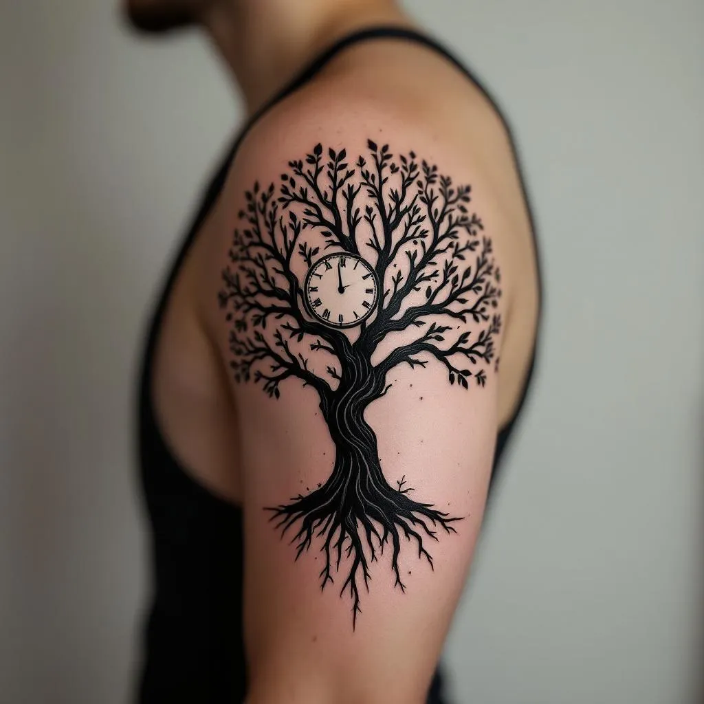 Shoulder tree tattoo with black and shadowing only. combine the images below, add a clock in the background make haft the tree have some leaves
