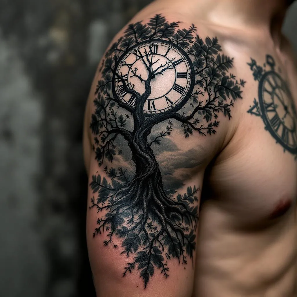 Shoulder tree tattoo with black and shadowing only. combine the images below, add a clock in the background make haft the tree have some leaves= move the clock to the background

