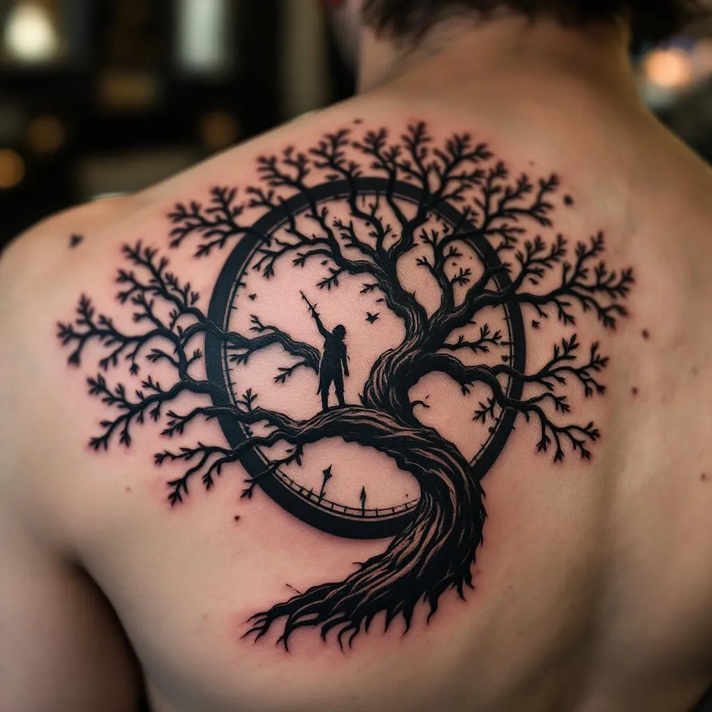 Shoulder tree tattoo with black and shadowing only. combine the images below, add a clock in the background make haft the tree have some leaves= move the clock to the background
make the clock more faded

make it scary

