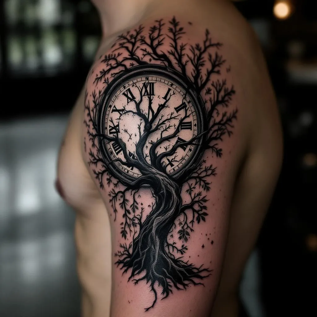 Shoulder tree tattoo with black and shadowing only. combine the images below, add a clock in the background make haft the tree have some leaves= move the clock to the background
make the clock more faded

make it scary

