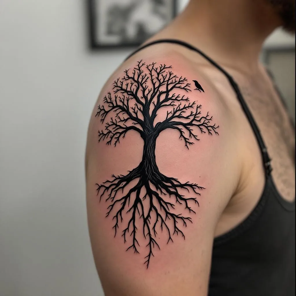 tree with no leaves add raven in background
make the tree larger on the shoulder
add longer roots
