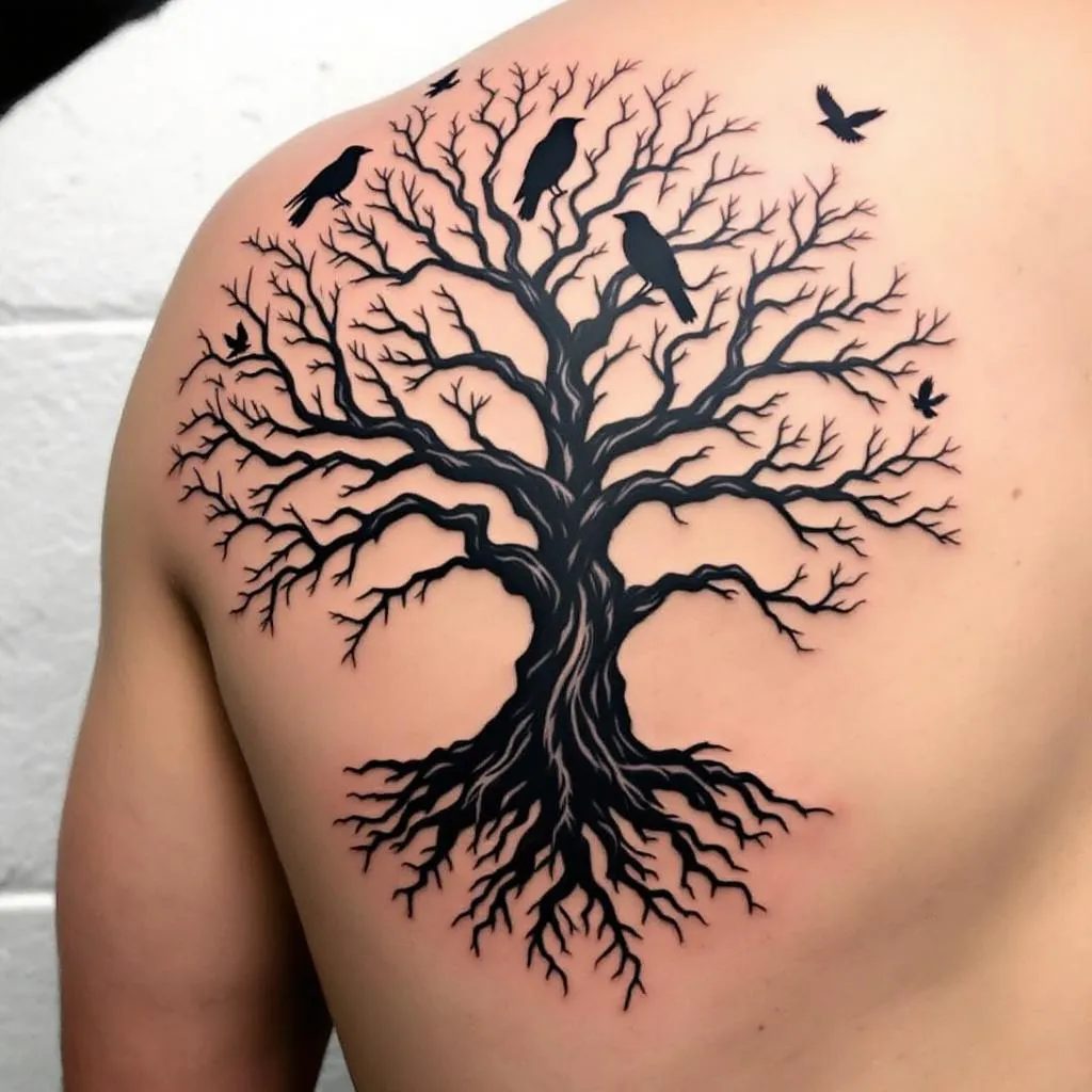 tree with no leaves add raven in background
make the tree larger on the shoulder
add longer roots add a couple more ravens with some flying