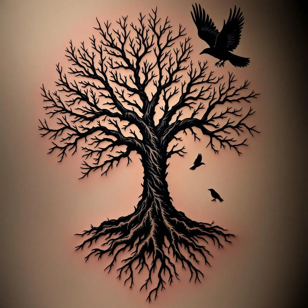 tree with no leaves add raven in background
make the tree larger on the shoulder
add longer roots add a couple more ravens with some flying make less symmetrical
