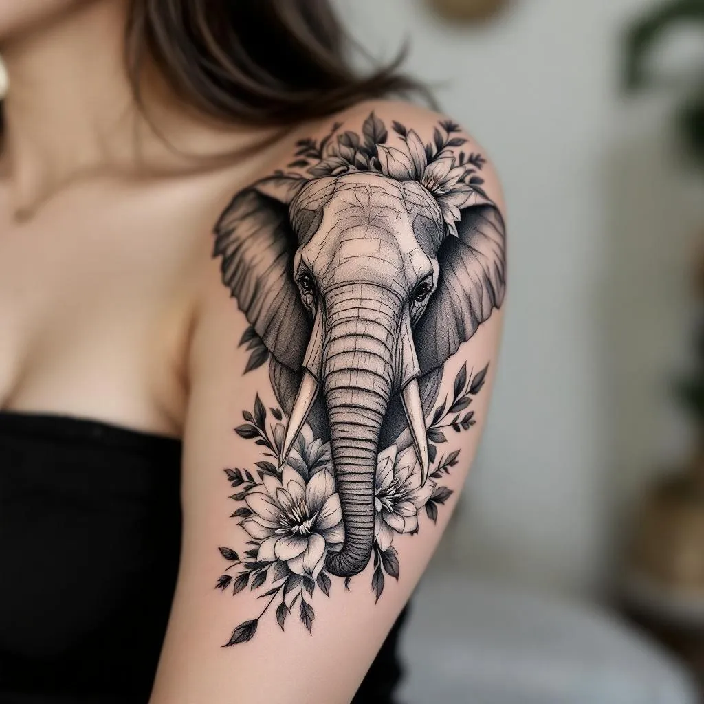Design a highly detailed and realistic tattoo that beautifully integrates an already existing elephant and flowers motif on the inside of a female's forearm. Extend this intricate design seamlessly from her shoulder, creating a uniform, engaging art piece on her medium-light skin. The tattoo should embody a romantic and feminine aesthetic, incorporating elements of floral motifs and other feminine aspects, all blended into a harmonious piece that emphasizes her personal style.