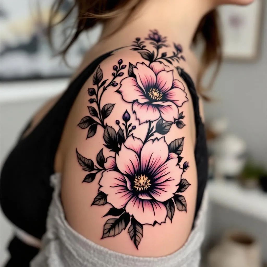 use the attached image to create a floral, feminine design up to my shoulder