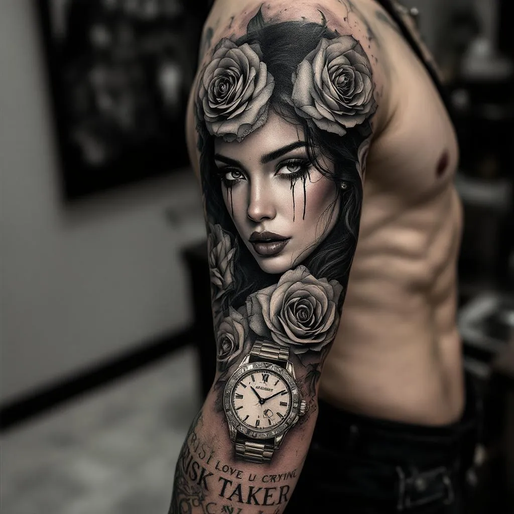 Full sleeve tattoo in black and grey realism, dark luxury hustler aesthetic. A melancholic femme fatale portrait with subtle tear streaks. Roses made of folded hundred-dollar bills. Below, a cracked luxury watch symbolizing risk and time. “RISK TAKER” in bold Chicano lettering on the bicep. “I LOVE TO SEE U CRYING” in fine cursive near the wrist. Deep shadows, smoke textures, layered contrast, cinematic lighting, full arm coverage.