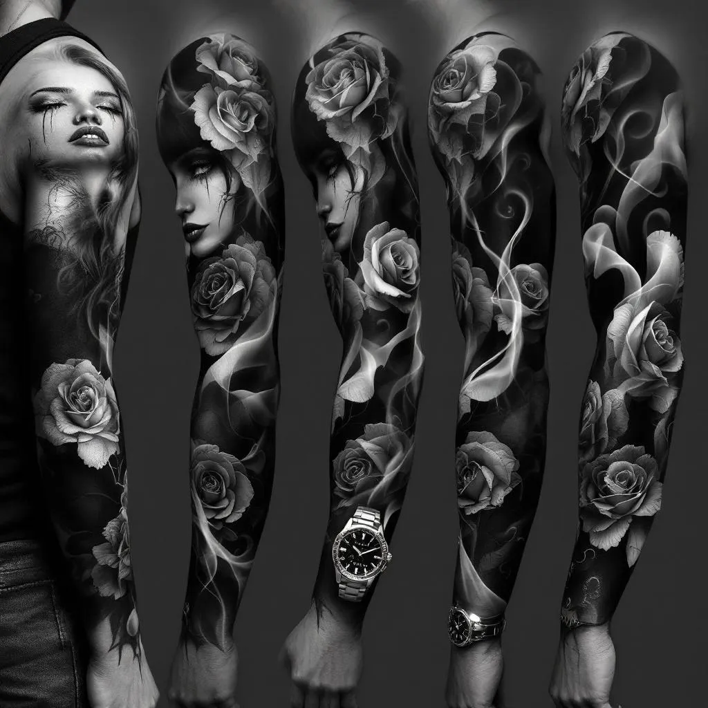 Full arm tattoo sleeve design, black and grey realism, dark luxury hustler aesthetic. The composition MUST evenly cover the entire arm from shoulder to wrist with balanced elements.

Upper arm: dramatic melancholic femme fatale portrait with subtle tear streaks and soft shadowing.
Mid arm: roses crafted from folded hundred-dollar bills flowing naturally around the arm.
Forearm: detailed cracked luxury watch with realistic texture and depth, integrated with smoke and shadows wrapping fully around the forearm.
Near wrist: elegant script text “I LOVE TO SEE U CRYING”.
Bicep area: bold Chicano typography “RISK TAKER”.

Heavy shadow work filling empty spaces, deep smoke patterns wrapping around the arm, seamless transitions between elements, 360-degree cohesive composition, high contrast, cinematic lighting, ultra-detailed textures.

Show the tattoo on a realistic male arm mockup from multiple angles: front view, side view, back view, and 3/4 perspective.