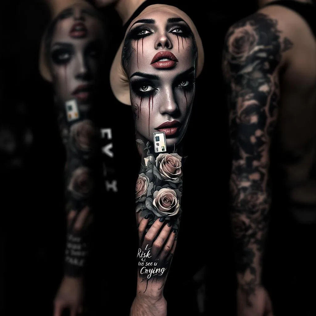 Full arm tattoo sleeve, black and grey realism style with a dark hustler aesthetic. A dramatic femme fatale portrait at the top with smeared mascara and emotional tears (no blood). Below, roses crafted from hundred-dollar bills flowing naturally into the composition. A realistic masculine hand holding a tiny SIM card symbolically. The phrase “RISK TAKER” in bold Chicano typography on the bicep. The phrase “I LOVE TO SEE U CRYING” in elegant script near the cuff. Heavy shadow work, smoke patterns, soft gradients, cinematic lighting, ultra-detailed textures, full arm coverage.