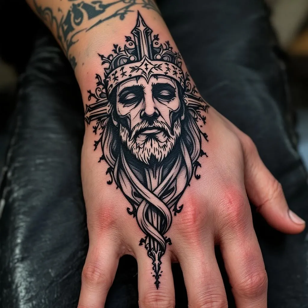 A tattoo for the hand of a white male. larger hand but slim and not overly thick fingers etc. The motive should be roman catholic, made with white ink. It should look almost like scars. The goal is it to be a private tattoo, so a pale tattoo. It should convey pride for christ. 