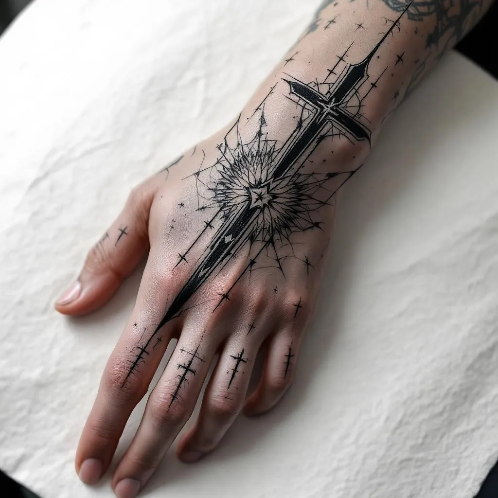 A tattoo for the hand of a white male. larger hand but slim and not overly thick fingers etc. The motive should be roman catholic, made with white ink. It should look almost like scars. The goal is it to be a private tattoo, so a pale tattoo. It should convey pride for christ. It should run down at least one finger and up the forearm, and be multiple elements, not one thick motive. the style should be cyber sigism. white ink, pale tattoo, elegant style. mostly line work, no colour packing.