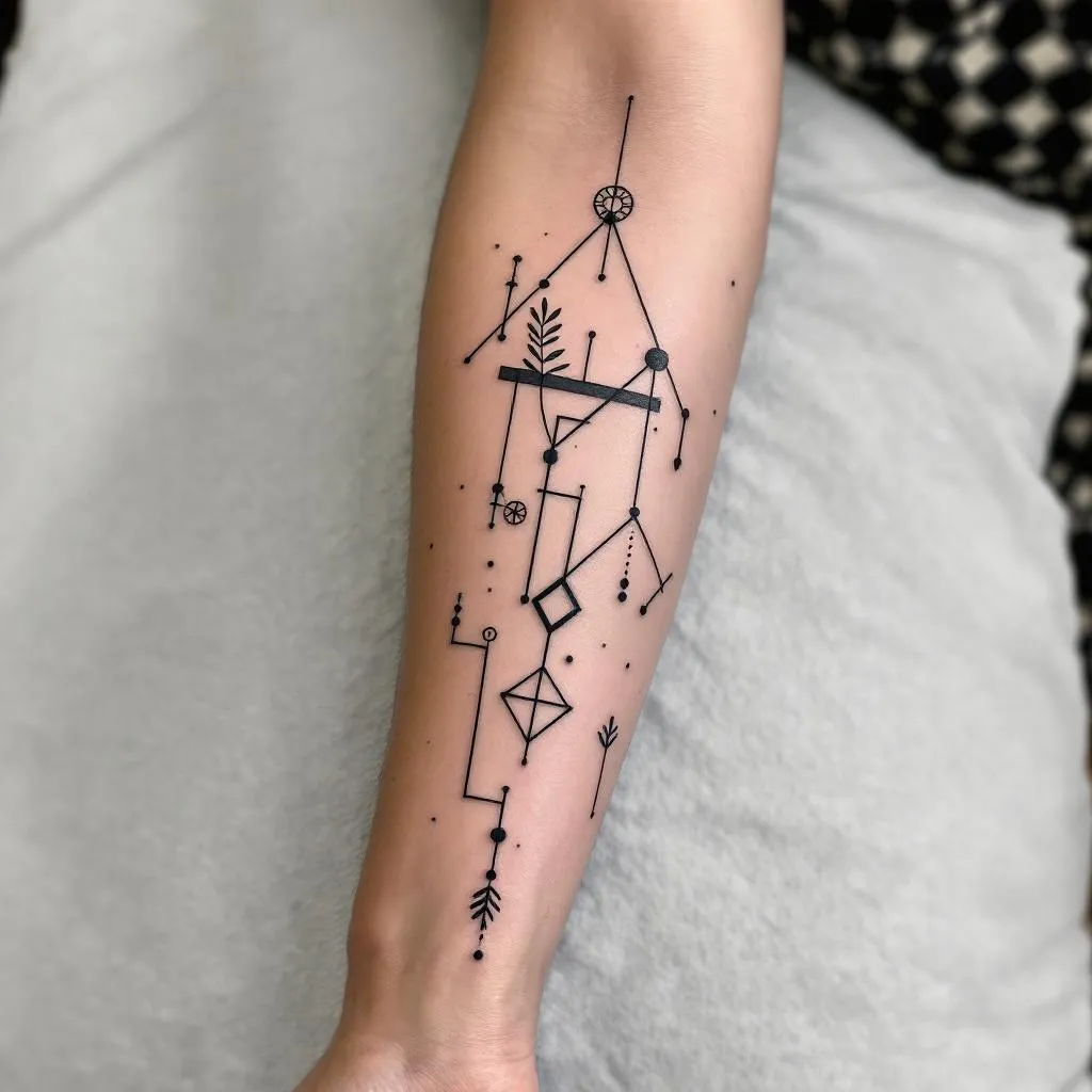 A coherent continuation of my existing tattoo, with simple geometric shapes, black line, dots. Use same size line. Possibly integrate stylised small animals, leaves, symbols. To create a sleeve on the inner forearm.