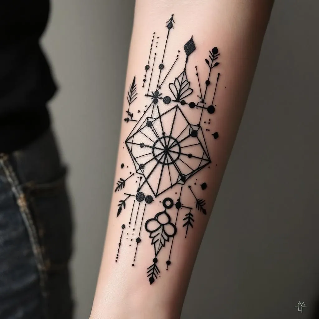 Use the uploaded image of my existing tattoo. Keep my tattoo and add around it a coherent continuation of my existing tattoo, with simple geometric shapes, black line, dots. Use same size line. Possibly integrate stylised small animals, leaves, symbols. To create a sleeve on the inner forearm.