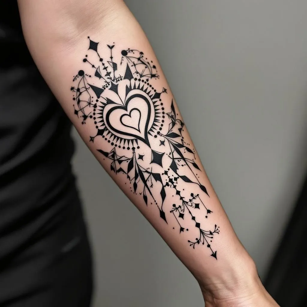 To create a sleeve on the inner forearm. Towards the wrist, a heart (3 cm wide, 4 cm tall, with the sharp point pointing towards the elbow crease so that the heart is facing me). Around the heart, a full circle. Around that, two parentheses. Around that, a circle of small dots.
Starting from that, add different geometric shapes, small stylised symbols, animals or leaves, to fill the whole inner forearm. Use black line and dots. Make it strong and powerful.