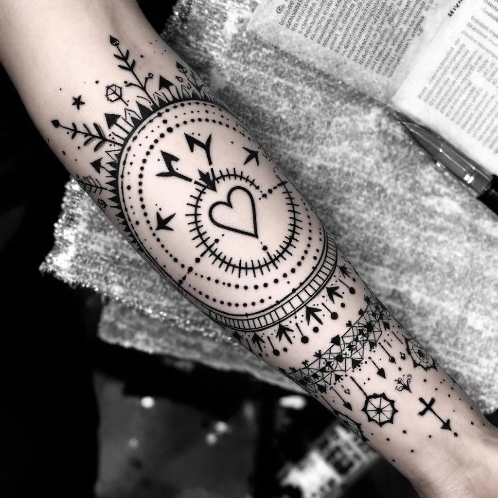 To create a sleeve on the inner forearm. Towards the wrist, a heart (3 cm wide, 4 cm tall, with the sharp point pointing towards the elbow crease so that the heart is facing me). Around the heart, a full circle. Around that, two parentheses. Around that, a circle of small dots.
Starting from that, add different geometric shapes, small stylised symbols, animals or leaves, to fill the whole inner forearm. Use black line and dots. Make it strong and powerful.
Incorporate circles.