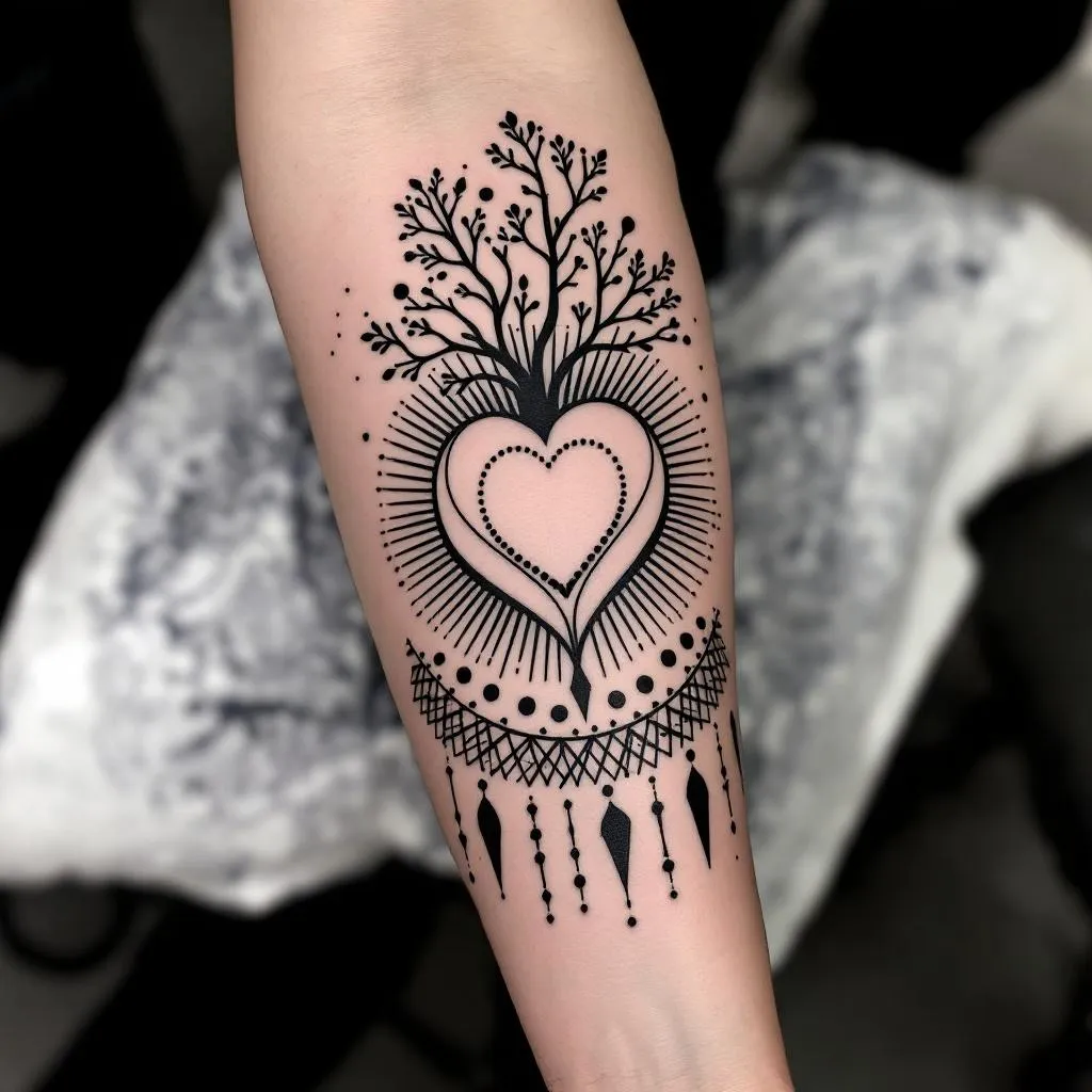To create a sleeve on the inner forearm. Towards the wrist, a heart (3 cm wide, 4 cm tall, with the sharp point pointing towards the elbow crease so that the heart is facing me). Around the heart, a full circle. Around that, two parentheses. Around that, a circle of small dots.
Starting from that, add different geometric shapes, small stylised symbols, animals or leaves, to fill the whole inner forearm. Use black line and dots. Make it strong and powerful.
Incorporate circles a stylised trees of life in a Scandinavian style.
