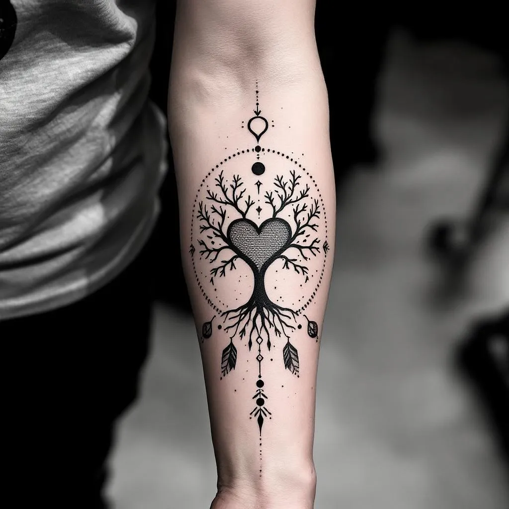 To create a sleeve on the inner forearm. Towards the wrist, a heart (3 cm wide, 4 cm tall, with the sharp point pointing towards the elbow crease so that the heart is facing me). Around the heart, a full circle. Around that, two parentheses. Around that, a circle of small dots.
Starting from that, add different geometric shapes, small stylised symbols, animals or leaves, to fill the whole inner forearm. Use black line and dots. Make it strong and powerful.
Incorporate circles a stylised trees of life in a Scandinavian style.
