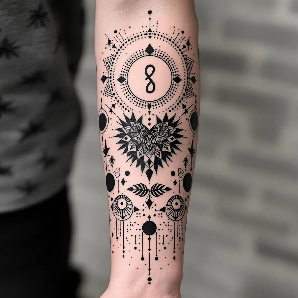 To create a sleeve on the inner forearm. Towards the wrist, a heart (3 cm wide, 4 cm tall, with the sharp point pointing towards the elbow crease so that the heart is facing me). Around the heart, a full circle. Around that, two parentheses. Around that, a circle of small dots.
Starting from that, add different geometric shapes, small stylised symbols, animals or leaves, to fill the whole inner forearm. Use black line and dots. Make it strong and powerful.
Incorporate circles. Use a Scandinavian style.
