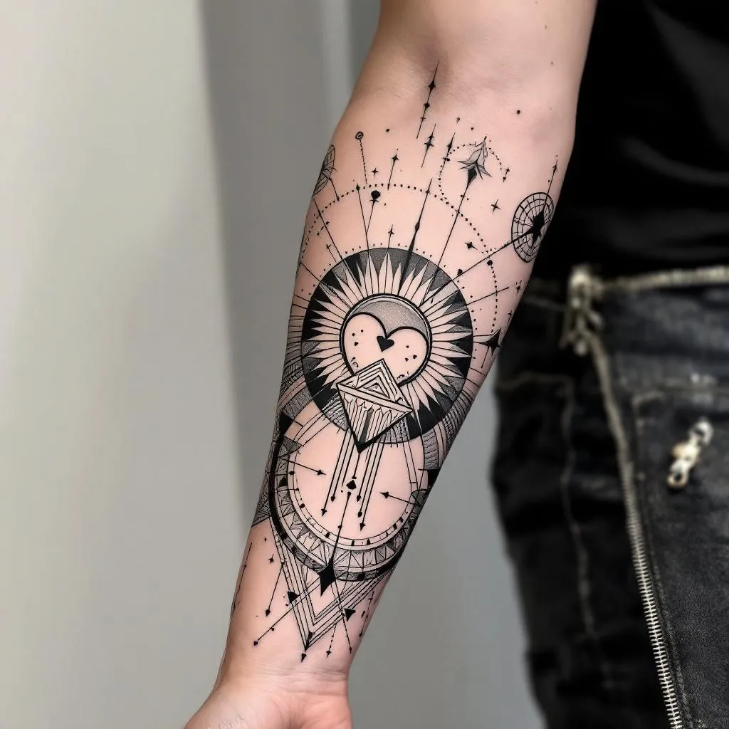 Craft a dynamic inner forearm sleeve tattoo design for a male, featuring robust geometry and a Scandinavian essence. Begin at the wrist area with a prominently positioned heart, around 3 cm wide and 4 cm tall, with its sharp end oriented towards the elbow crease, ensuring the heart face is directed towards the self. Encapsulate this heart within a perfect circle, further accentuated by encompassing parentheses, and a periphery of tiny dots. Progressively, blend an array of assorted geometric forms, petite stylized insignia, fauna or foliage elements, to populate the entire expanse of the inner forearm. Emphasize powerful visuals and repetitive circles, merging harmoniously within the design. The design should resonate well against a light skin tone.