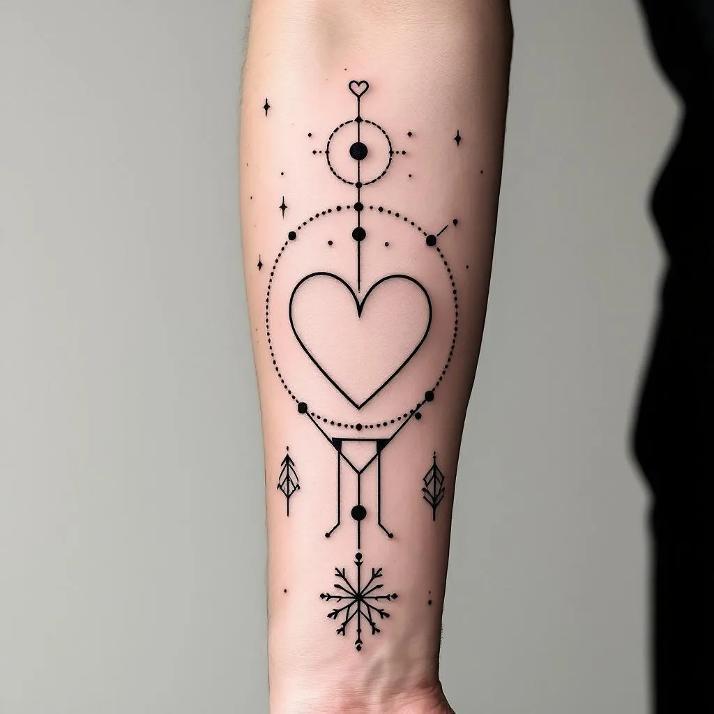 Craft a dynamic inner forearm sleeve tattoo design for a male, featuring robust geometry and a Scandinavian essence. Begin at the wrist area with a prominently positioned heart, around 3 cm wide and 4 cm tall, with its sharp end oriented towards the elbow crease, ensuring the heart face is directed towards the self. Encapsulate this heart within a perfect circle, further accentuated by encompassing parentheses, and a periphery of tiny dots. Progressively, blend an array of assorted geometric forms, petite stylized insignia, fauna or foliage elements, to populate the entire expanse of the inner forearm. Emphasize powerful visuals and repetitive circles, merging harmoniously within the design. The design should resonate well against a light skin tone.