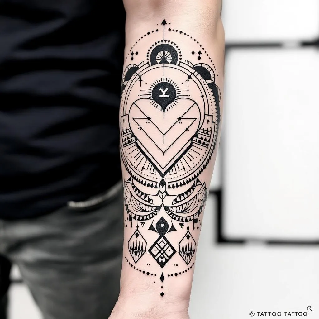 Craft a dynamic inner forearm sleeve tattoo design for a male, featuring robust geometry and a Scandinavian essence. Begin at the wrist area with a prominently positioned heart, around 3 cm wide and 4 cm tall, with its sharp end oriented towards the elbow crease, ensuring the heart face is directed towards the self. Encapsulate this heart within a perfect circle, further accentuated by encompassing parentheses, and a periphery of tiny dots. Progressively, blend an array of assorted geometric forms, petite stylized insignia, fauna or foliage elements, to populate the entire expanse of the inner forearm. Emphasize powerful visuals and repetitive circles, merging harmoniously within the design. The design should resonate well against a light skin tone.