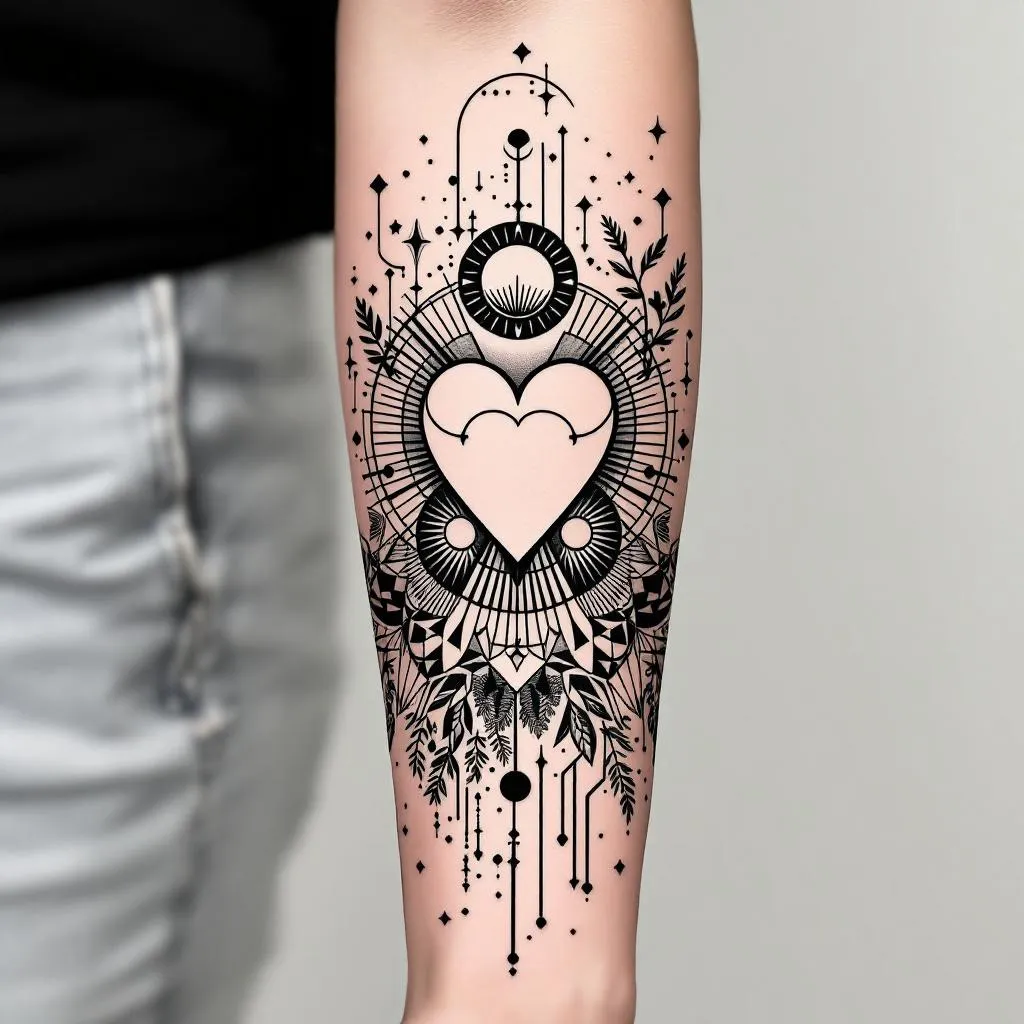 Craft a dynamic inner forearm sleeve tattoo design for a male, featuring robust geometry and a Scandinavian essence. Begin at the wrist area with a prominently positioned heart, around 3 cm wide and 4 cm tall, with its sharp end oriented towards the elbow crease, ensuring the heart face is directed towards the self. Encapsulate this heart within a perfect circle, further accentuated by encompassing parentheses, and a periphery of tiny dots. Progressively, blend an array of assorted geometric forms, petite stylized insignia, fauna or foliage elements, to populate the entire expanse of the inner forearm. Emphasize powerful visuals and repetitive circles, merging harmoniously within the design. The design should resonate well against a light skin tone.