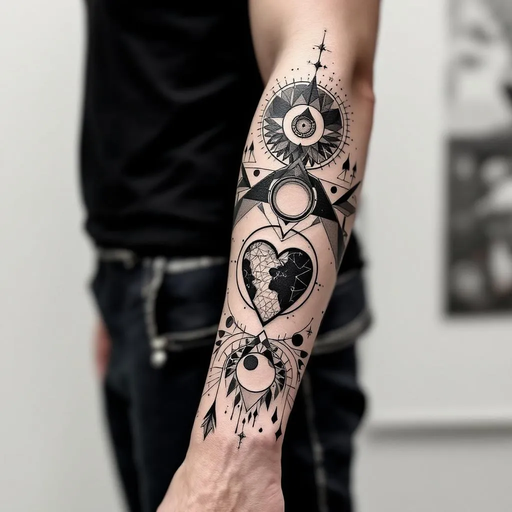 Craft a dynamic inner forearm sleeve tattoo design for a male, featuring robust geometry and a Scandinavian essence. Begin at the wrist area with a prominently positioned heart, around 3 cm wide and 4 cm tall, with its sharp end oriented towards the elbow crease, ensuring the heart face is directed towards the self. Encapsulate this heart within a perfect circle, further accentuated by encompassing parentheses, and a periphery of tiny dots. Progressively, blend an array of assorted geometric forms, petite stylized insignia, fauna or foliage elements, to populate the entire expanse of the inner forearm. Emphasize powerful visuals and repetitive circles, merging harmoniously within the design. The design should resonate well against a light skin tone.