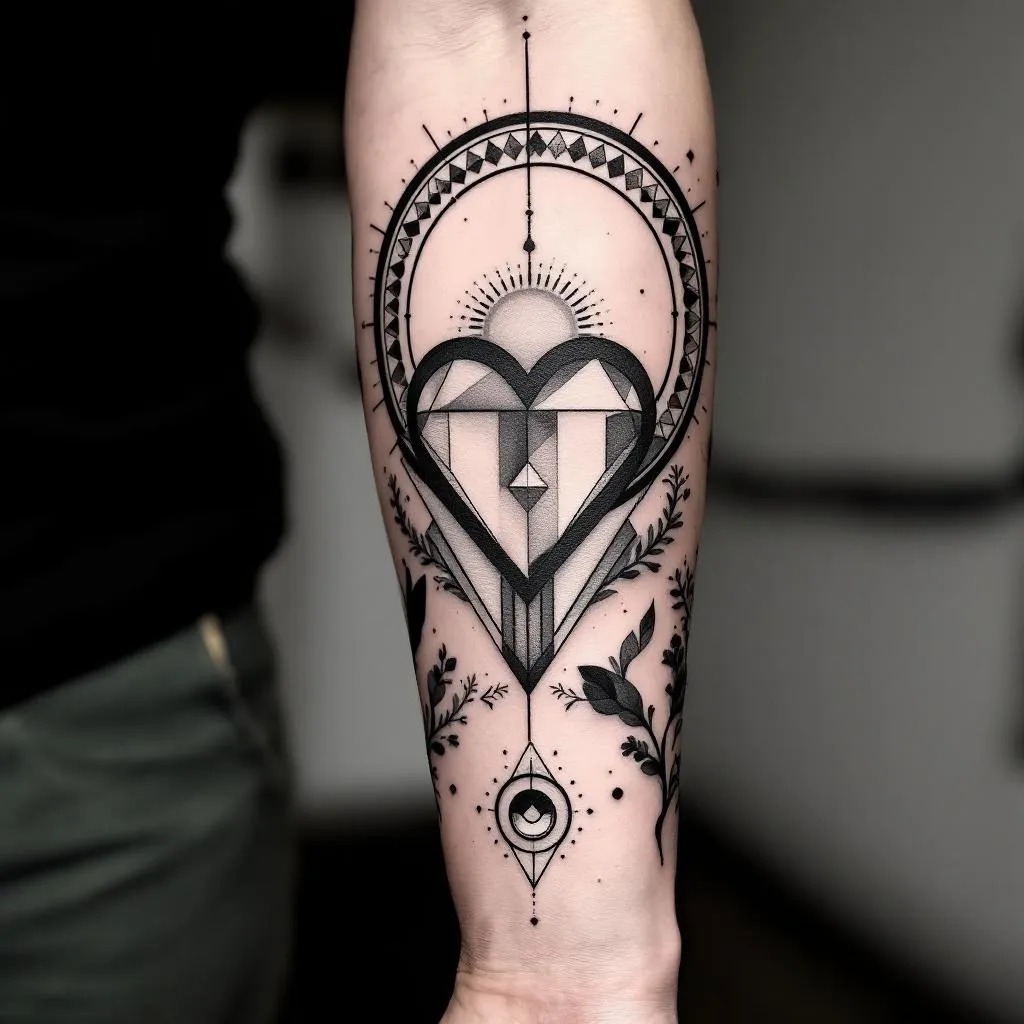 Craft a dynamic inner forearm sleeve tattoo design for a male, featuring robust geometry and a Scandinavian essence. Begin at the wrist area with a prominently positioned heart, around 3 cm wide and 4 cm tall, with its sharp end oriented towards the elbow crease, ensuring the heart face is directed towards the self. Encapsulate this heart within a perfect circle, further accentuated by encompassing parentheses, and a periphery of tiny dots. Progressively, blend an array of assorted geometric forms, petite stylized insignia, fauna or foliage elements, to populate the entire expanse of the inner forearm. Emphasize powerful visuals and repetitive circles, merging harmoniously within the design. The design should resonate well against a light skin tone.