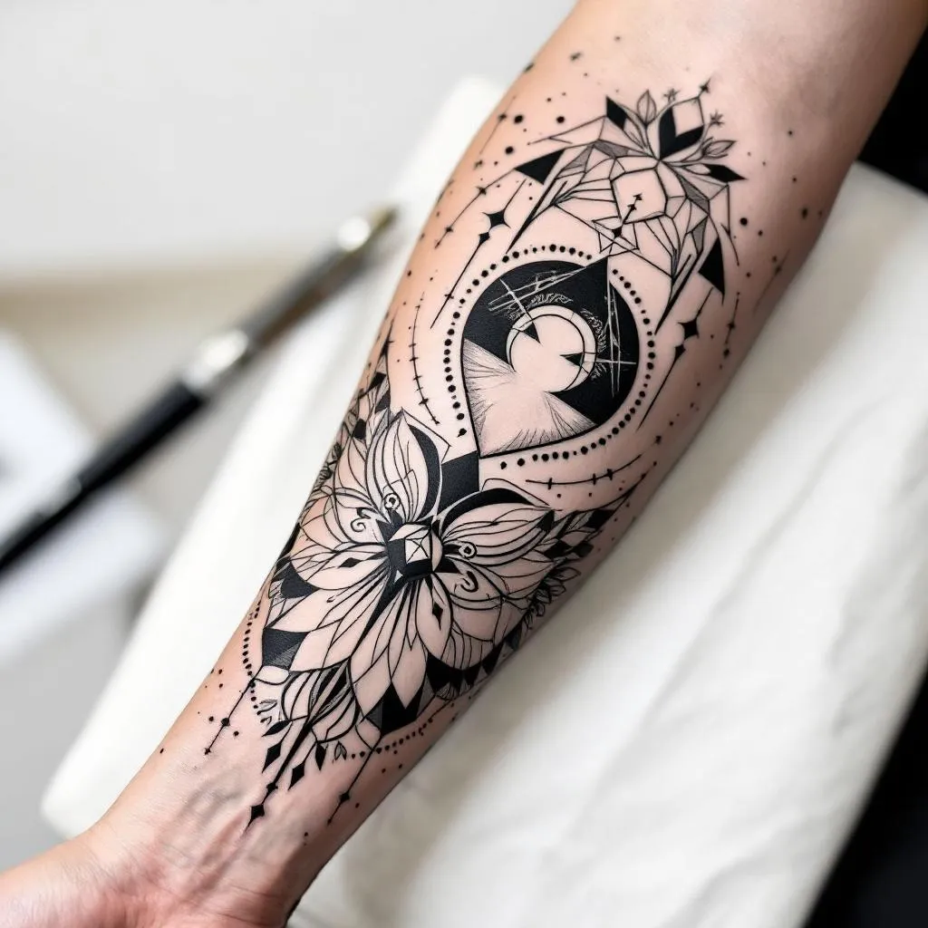 Craft a dynamic inner forearm sleeve tattoo design for a male, featuring robust geometry and a Scandinavian essence. Begin at the wrist area with a prominently positioned heart, around 3 cm wide and 4 cm tall, with its sharp end oriented towards the elbow crease, ensuring the heart face is directed towards the self. Encapsulate this heart within a perfect circle, further accentuated by encompassing parentheses, and a periphery of tiny dots. Progressively, blend an array of assorted geometric forms, petite stylized insignia, fauna or foliage elements, to populate the entire expanse of the inner forearm. Emphasize powerful visuals and repetitive circles, merging harmoniously within the design. The design should resonate well against a light skin tone.
Scottish and French influences. 