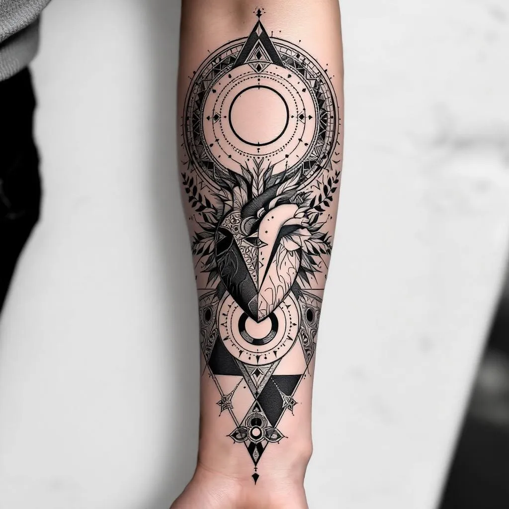 Craft a dynamic inner forearm sleeve tattoo design for a male, featuring robust geometry and a Scandinavian essence. Begin at the wrist area with a prominently positioned heart, around 3 cm wide and 4 cm tall, with its sharp end oriented towards the elbow crease, ensuring the heart face is directed towards the self. Encapsulate this heart within a perfect circle, further accentuated by encompassing parentheses, and a periphery of tiny dots. Progressively, blend an array of assorted geometric forms, petite stylized insignia, fauna or foliage elements, to populate the entire expanse of the inner forearm. Emphasize powerful visuals and repetitive circles, merging harmoniously within the design. The design should resonate well against a light skin tone.
Scottish and French influences. 
Make it non symmetrical. 