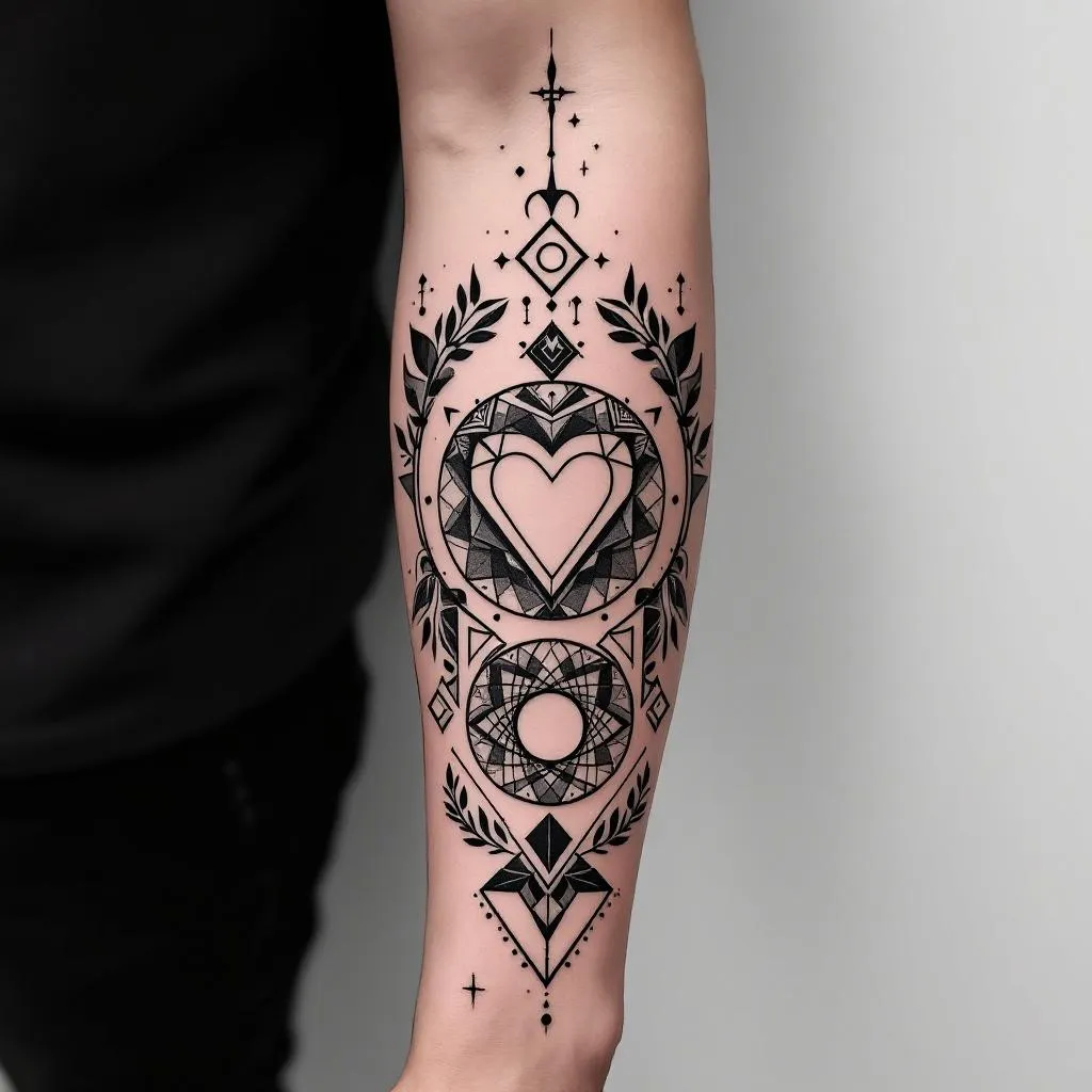Craft a dynamic inner forearm sleeve tattoo design for a male, featuring robust geometry and a Scandinavian essence. Begin at the wrist area with a prominently positioned heart, around 3 cm wide and 4 cm tall, with its sharp end oriented towards the elbow crease, ensuring the heart face is directed towards the self. Encapsulate this heart within a perfect circle, further accentuated by encompassing parentheses, and a periphery of tiny dots. Progressively, blend an array of assorted geometric forms, petite stylized insignia, fauna or foliage elements, to populate the entire expanse of the inner forearm. Emphasize powerful visuals and repetitive circles, merging harmoniously within the design. The design should resonate well against a light skin tone.
Scottish and French influences. 
Make it non symmetrical. 